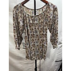 Cato Women’s Small Top 3/4 Ruffle Sleeves V Neck Embellished Floral Poppy